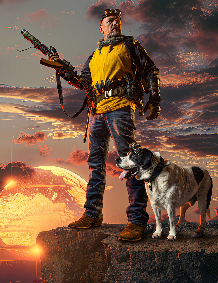 Writer/editor David Reeder and Jelly Dog as post-apocalyptic Charlie Brown and Snoopy.