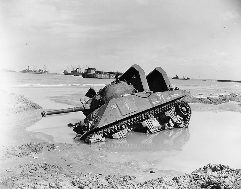 dd tank (Duplex Drive Sherman) knocked out on the beach on D-Day of Operation Overlord